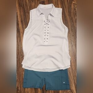 Mind Code White Collared Lace Up Textured Sleeveless Top Sz 8